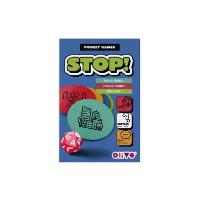 Caixa de jogo de tabuleiro STOP! com fichas coloridas e dado vermelho