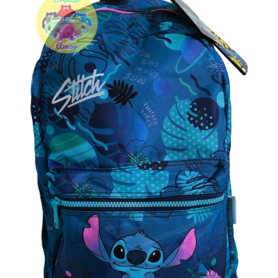 Mochila azul com estampa do Stitch e elementos tropicais