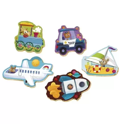 Quebra-cabeças de madeira de meios de transporte com animais caricaturados
