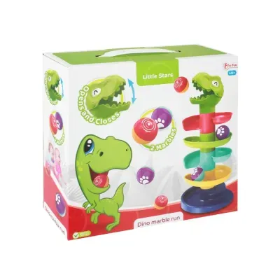 Brinquedo infantil Dino marble run com torre colorida e cabeça de dinossauro que abre e fecha