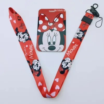Cartão porta-bilhete e cordão vermelho com Minnie Mouse e texto