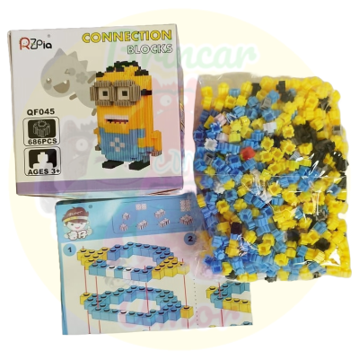 Conjunto de blocos de construção Minion com peças amarelas, azuis e pretas em embalagem e instruções