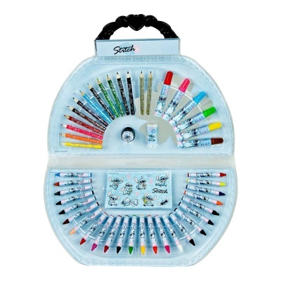 Conjunto de desenho com estojo em forma de bolsa branca translúcida e alça preta, lápis e marcadores coloridos