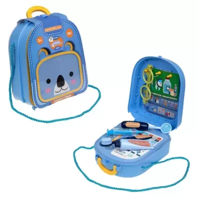 Mala azul de brinquedo em forma de urso com acessórios médicos no interior
