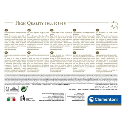 Embalação de puzzle Clementoni com texto em várias línguas e logótipos de certificação