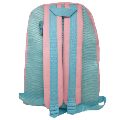 Mochila cor-de-rosa com alças azul claro vista de trás