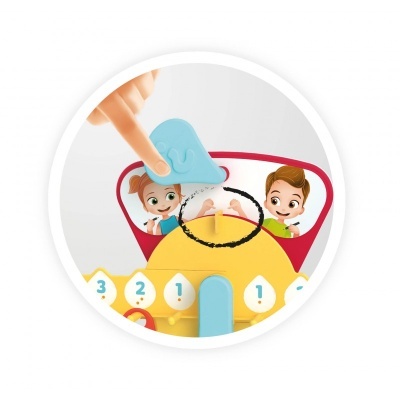 Brinquedo infantil colorido com figuras de crianças e botões numerados