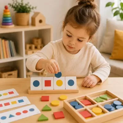 Criança a jogar jogo pedagógico de formas geométricas coloridas em mesa de madeira