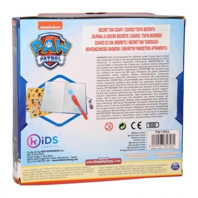 Caixa do brinquedo Paw Patrol Secret Ink Diary com texto informativo e logos