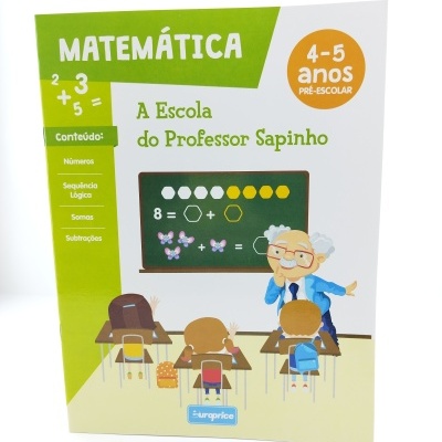Livro educativo de matemática para 4-5 anos com ilustração de professor e crianças na sala de aula