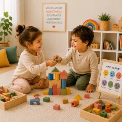 Crianças brincando com blocos de madeira coloridos em ambiente interior com quadros educativos ao fundo