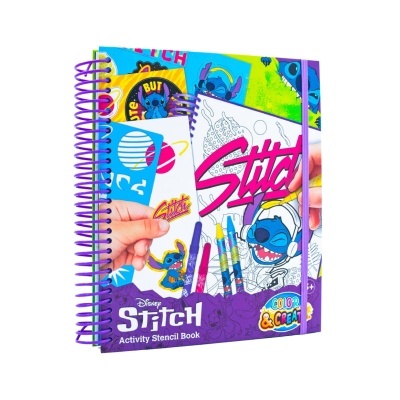 Livro de atividades Disney Stitch com stencil colorido e espiral roxo