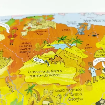 Mapa ilustrado colorido do Deserto do Sara com elementos visuais e texto em português