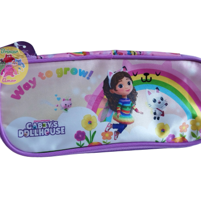 Estojo escolar com personagens e arco-íris roxo e branco