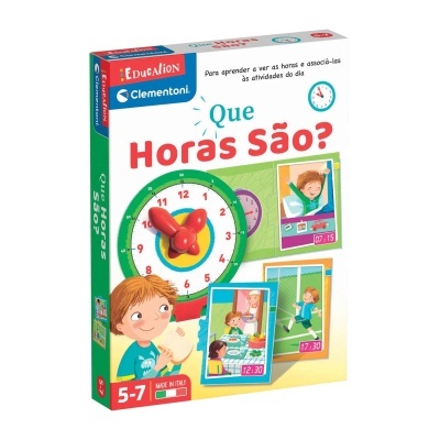 Caixa de jogo educativo 'Que Horas São?' com relógio e imagens infantis coloridas