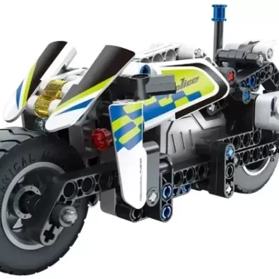 Moto de brinquedo tipo Lego com cores preto, branco, azul e amarelo