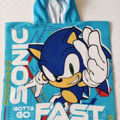 Poncho de banho infantil azul com estampa do Sonic e texto