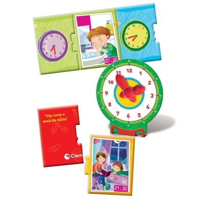 Conjunto educativo de plástico com relógios coloridos e cartas ilustradas para aprender as horas