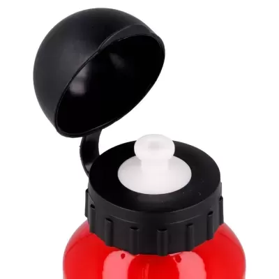 Garrafa desportiva vermelha com tampa preta aberta e bocal branco