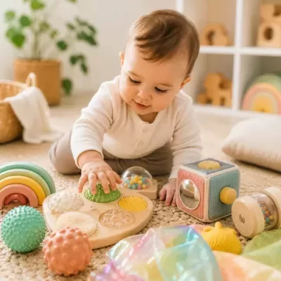 Bebé a brincar com brinquedos sensoriais de madeira e tecido num ambiente acolhedor.