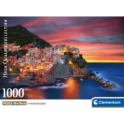 Caixa de puzzle Clementoni 1000 peças com imagem de vila costeira ao entardecer