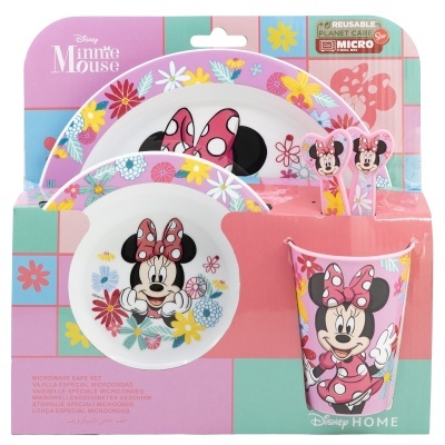 Conjunto reutilizável Disney Minnie Mouse com pratos, copo e talheres decorados com flores e Minnie de laço rosa