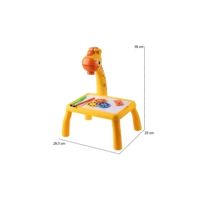 Brinquedo educativo tipo girafa amarelo com mesa e acessórios coloridos