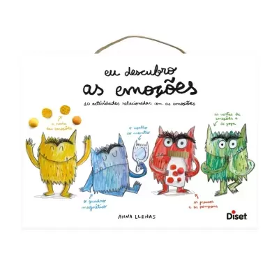 Caixa branca decorada com desenhos de quatro monstros coloridos e textos manuscritos