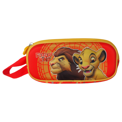 Estojo escolar vermelho e amarelo com imagem de leões e texto FUTURE KING