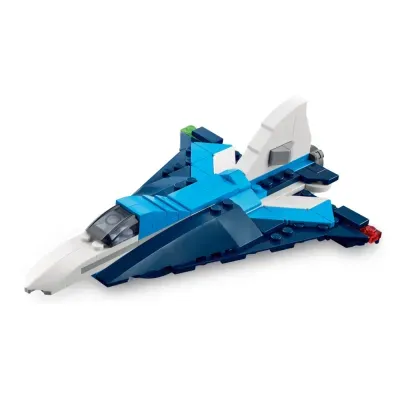 Avião de brinquedo montado com blocos azuis e brancos