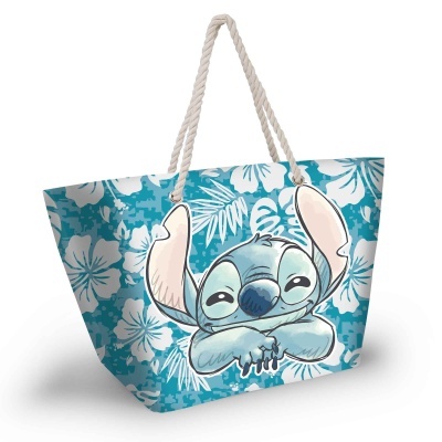 Saco de praia azul com padrão de flores brancas e personagem Stitch