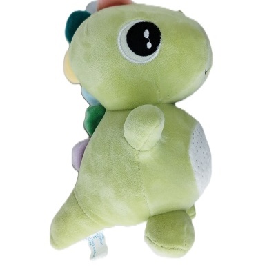 Pelúcia dinossauro verde claro com espinhos coloridos e olhos grandes