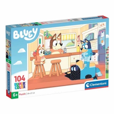 Caixa de quebra-cabeças Bluey 104 peças coloridas, cenário cozinha com personagens animados