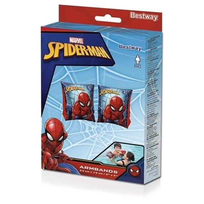 Embalagem de braçadeiras insufláveis azuis com tema Spider-Man