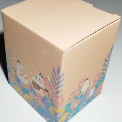 Embalagem de papelão bege com ilustrações de pássaros e flores