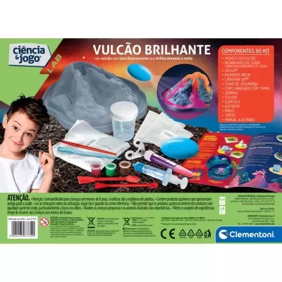 Kit Vulcão Brilhante com modelo de vulcão, pigmentos coloridos, copo, utensílios e manual
