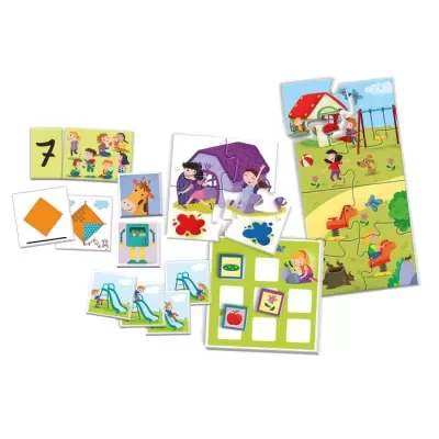 Peças de puzzle infantis coloridas com números, formas e cenas de crianças brincando.