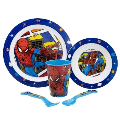 Conjunto infantil plástico Homem-Aranha com prato raso, prato fundo, copo e talheres azuis.