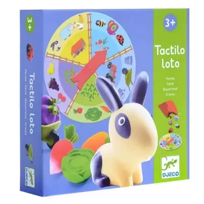 Caixa do jogo Tactilo Loto com ilustração de coelho e legumes coloridos
