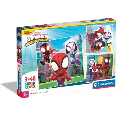 Caixa de puzzles Spidey Amazing Friends com personagens animados em cores vivas