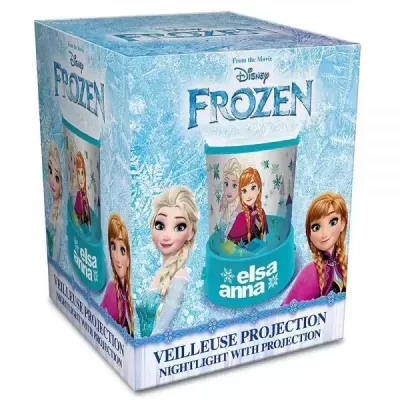 Embalagem azul de luz noturna Frozen com imagens das personagens Elsa e Anna