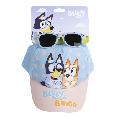 Boné azul e rosa com personagens Bluey e Bingo e óculos de sol com armação branca