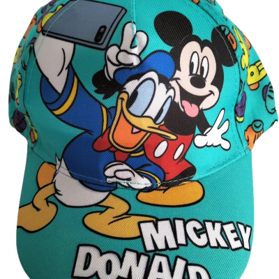 Boné azul turquesa com personagens Disney Mickey e Donald e texto MICKEY DONALD