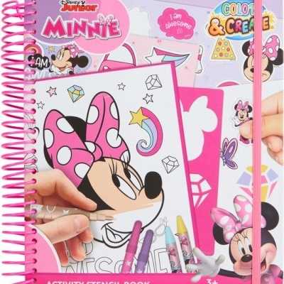 Livro atividade stencil Disney Junior Minnie com capa rosa e espiral