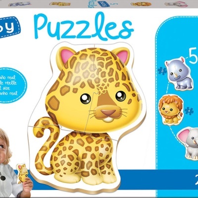 Caixa de puzzle para bebés com imagem de onça-pintada de desenho animado e animais em fundo branco e azul