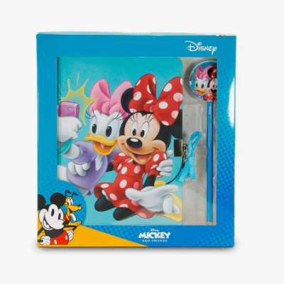 Conjunto de caderno, caneta e marcador da Disney com personagens Minnie e Margarida numa embalagem azul.
