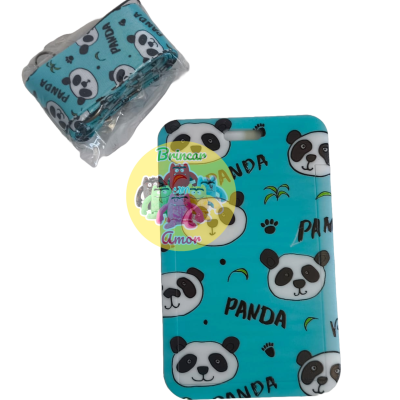 Capa de telemóvel azul com estampado de pandas e texto PANDA