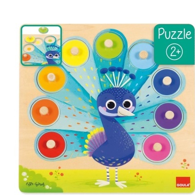 Quebra-cabeça de madeira com pavão colorido e círculos giratórios de diversas cores.