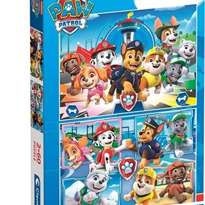 Caixa de puzzles Paw Patrol com personagens coloridos e indicação 4+