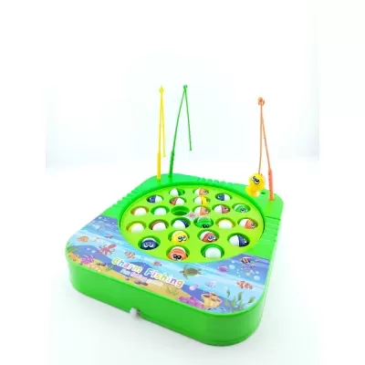 Brinquedo de pesca infantil verde com peixes coloridos e três varas de pescar